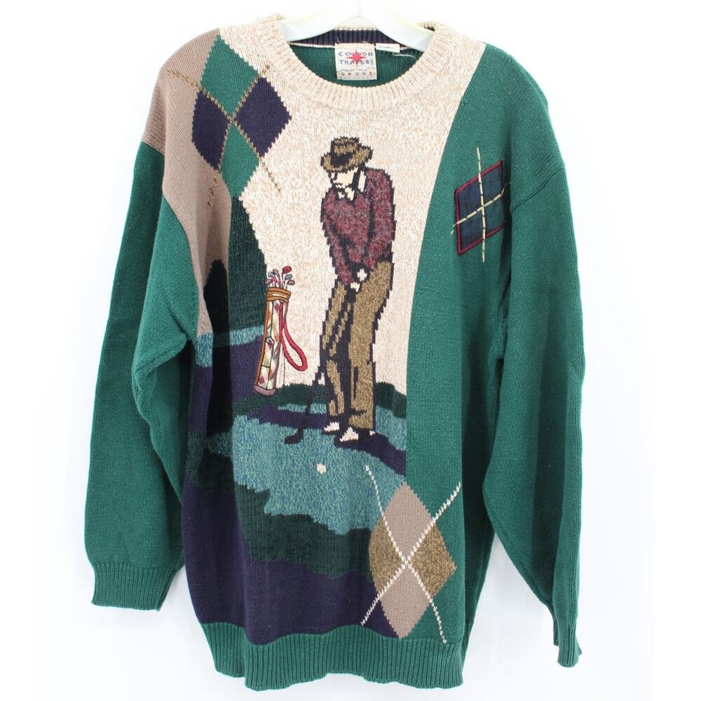Vtg 90s Streetwear Mens Medium Argyle Golf All Over Print Knit Crewneck Sweater